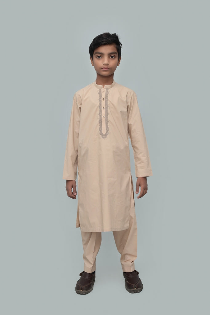 Kid's Elegant Embroidered Cotton Beige