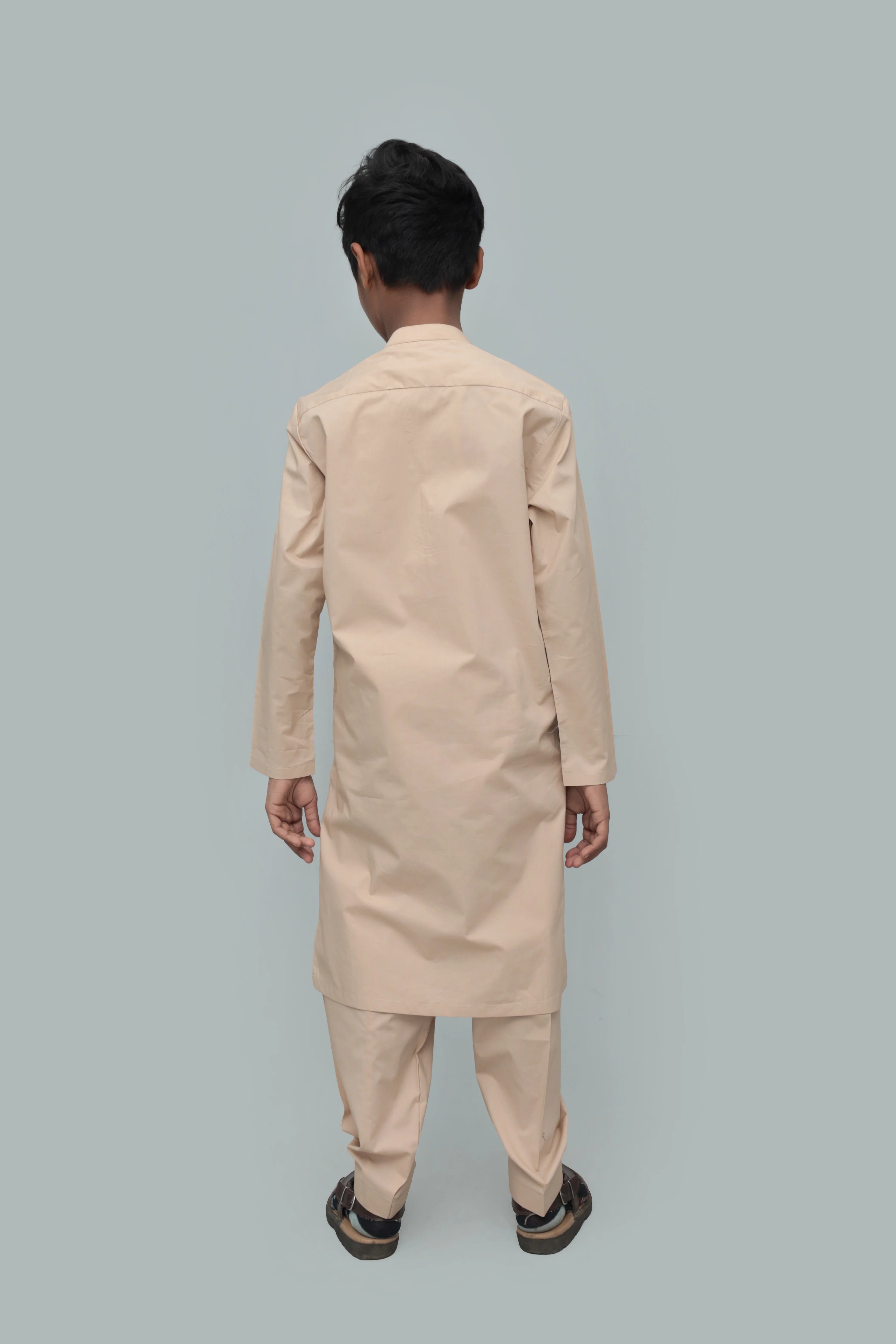 Beige Band-Collar Cotton Kurta with Embroidered Placket