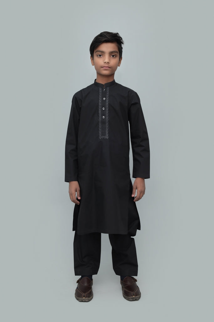 Kid's Formal Black Embroidered Cotton Shalwaar Kameez