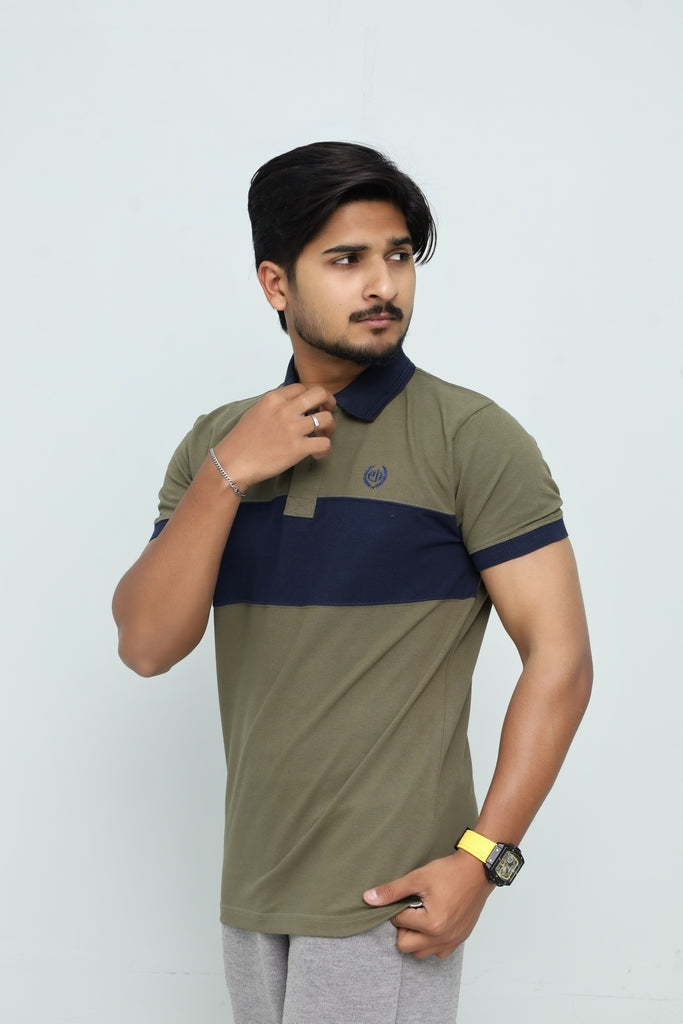 Men’s Olive & Navy Block-Stripe Polo