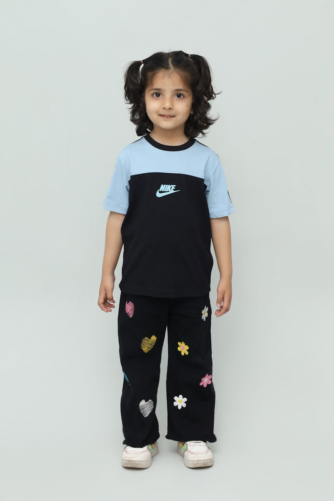 Kids Black & Sky Blue Panel T-Shirt