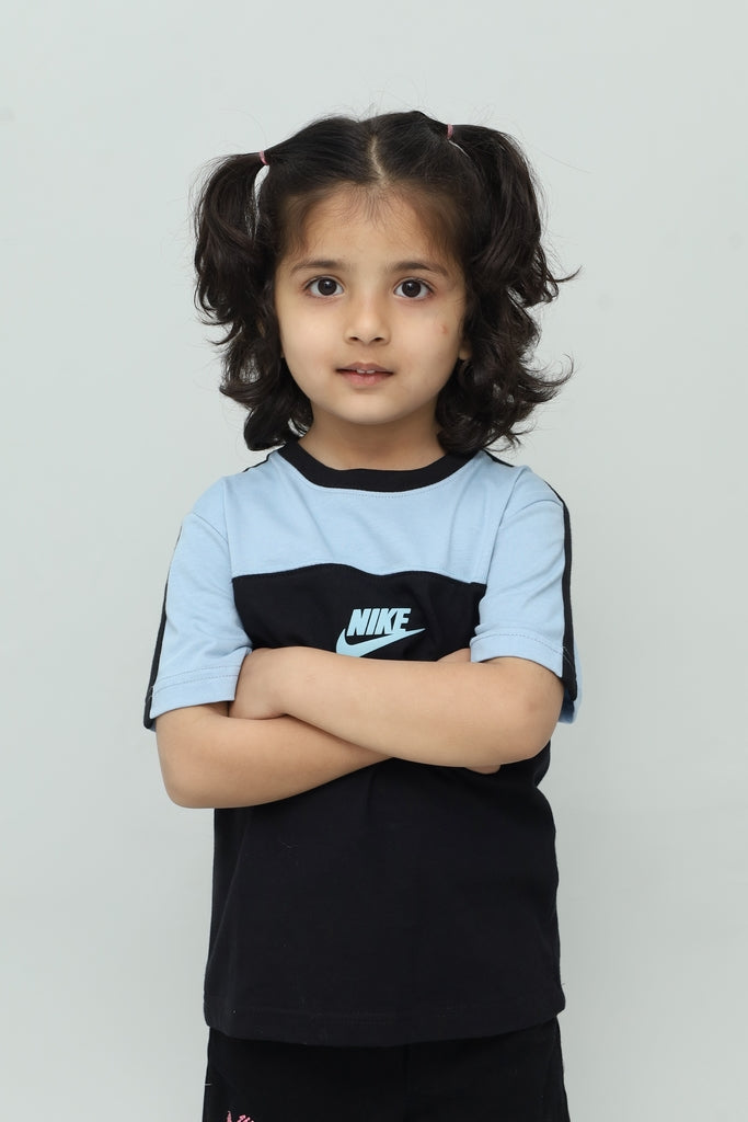 Kids Black & Sky Blue Panel T-Shirt