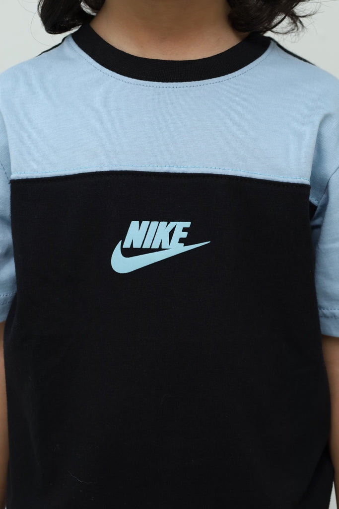 Kids Black & Sky Blue Panel T-Shirt