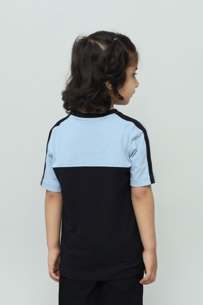 Kids Black & Sky Blue Panel T-Shirt