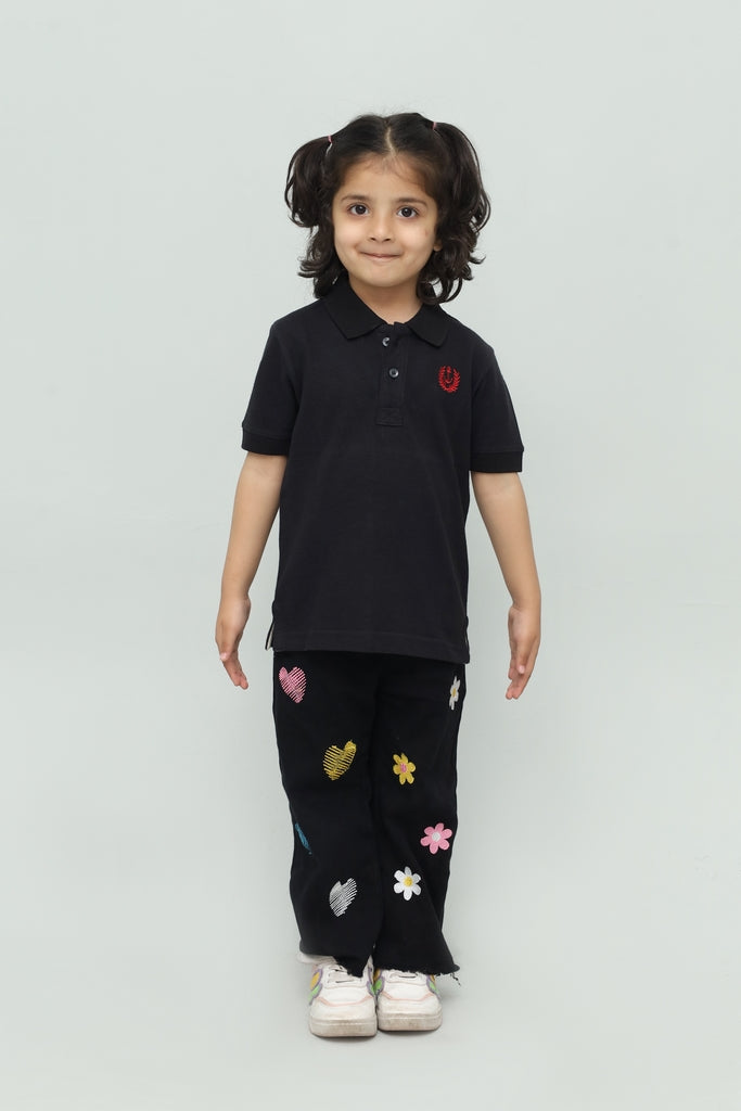 Kids Solid Black with Red Logo Polo Shirt