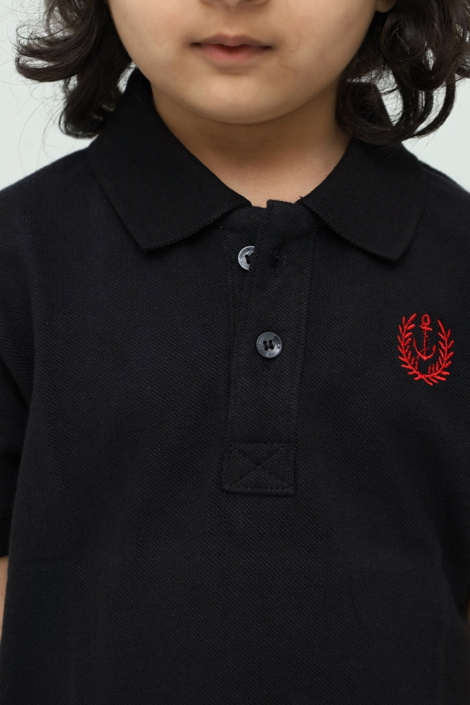 Kids Solid Black with Red Logo Polo Shirt