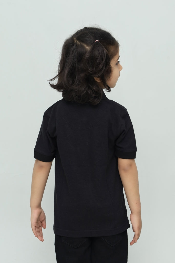 Kids Solid Black with Red Logo Polo Shirt