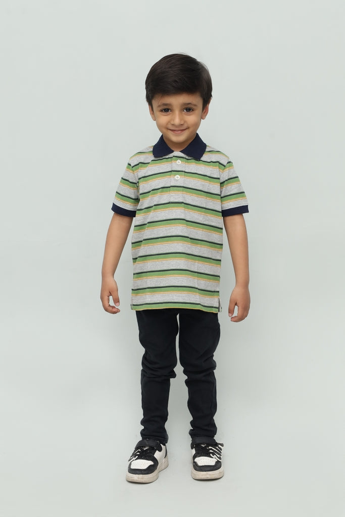Kids Grey & Green Striped Polo Shirt