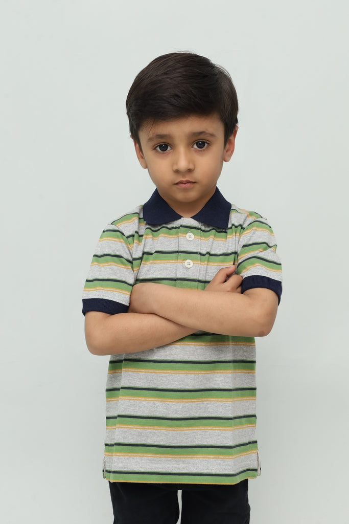 Kids Grey & Green Striped Polo Shirt