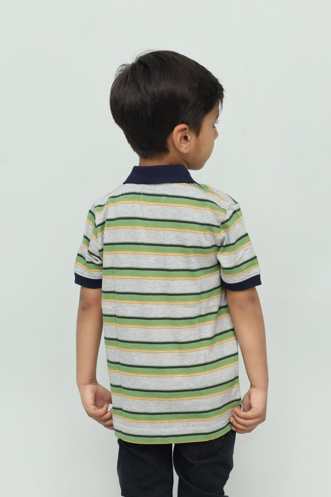 Kids Grey & Green Striped Polo Shirt