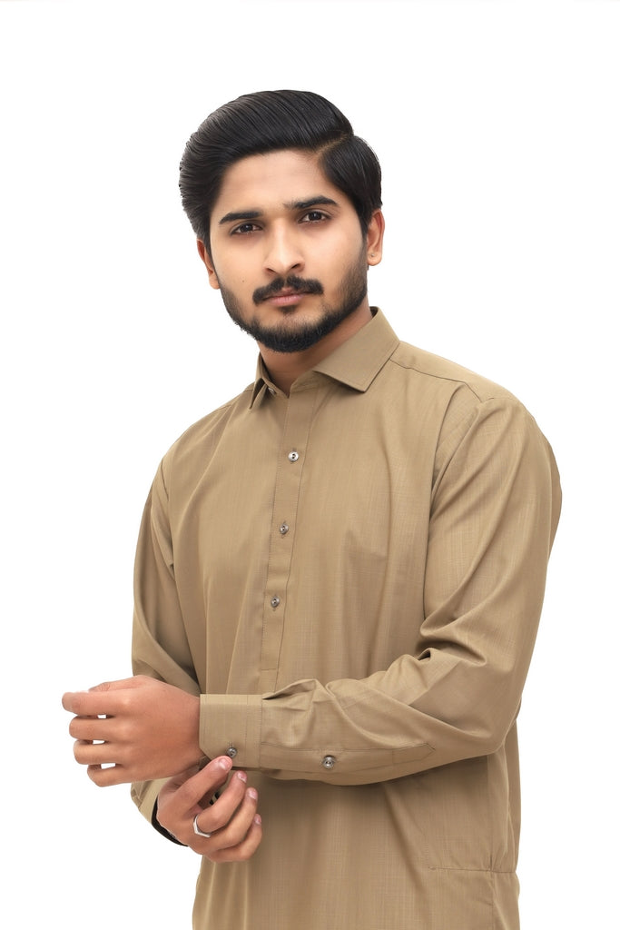 Men’s Camel Beige Cotton Wash & Wear Wrinkle-Free Shalwar Kameez