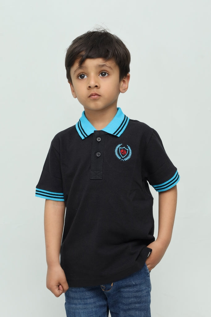 Kids Black with Blue Stripes Polo Shirt