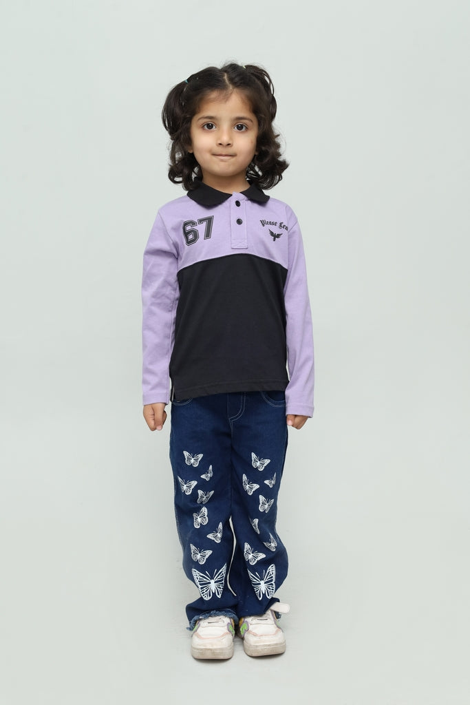 Kids Lavender & Black Long Sleeve Polo Shirt