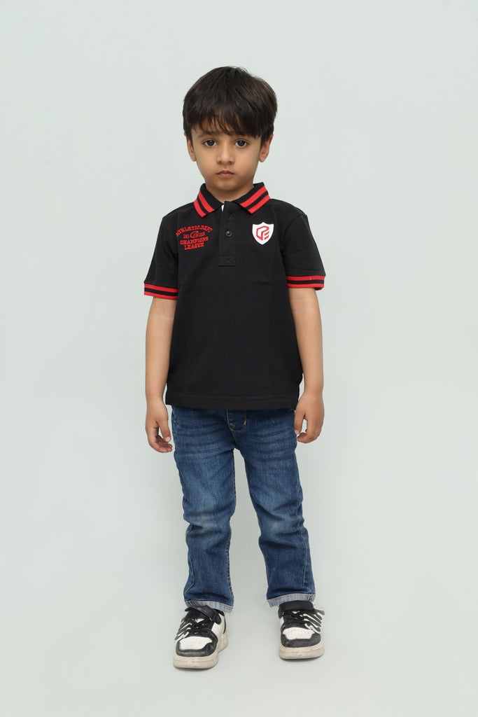 Kids Black with Red Stripe Collar Polo Shirt