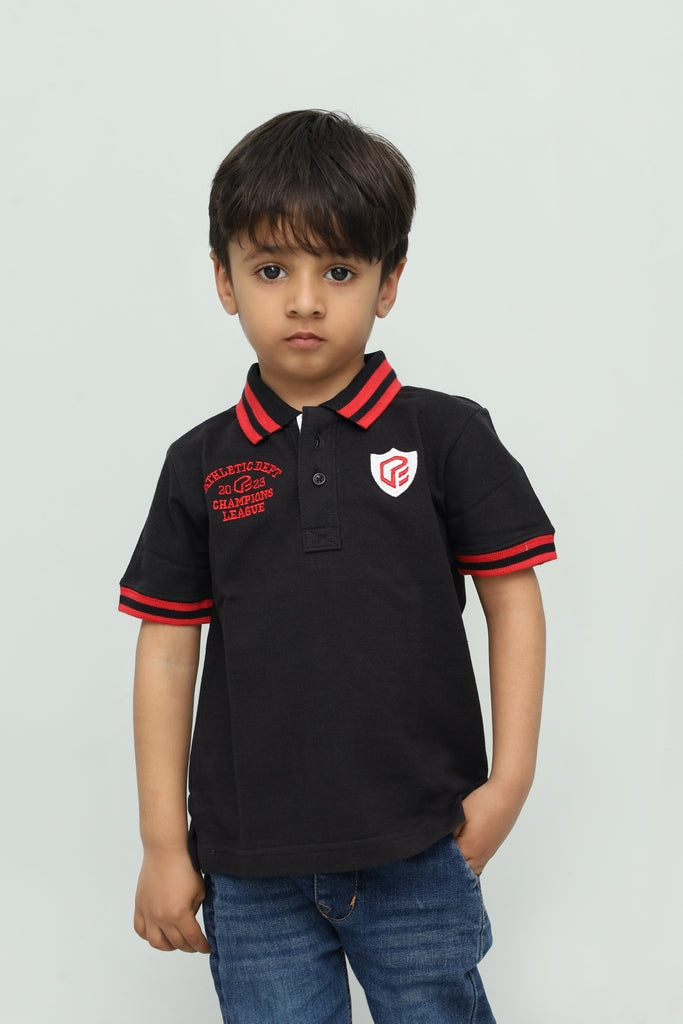 Kids Black with Red Stripe Collar Polo Shirt