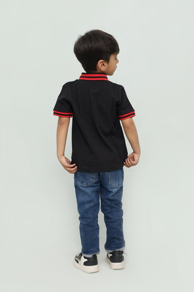Kids Black with Red Stripe Collar Polo Shirt
