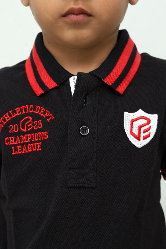 Kids Black with Red Stripe Collar Polo Shirt