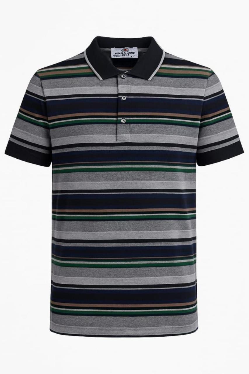 Men's Grey, Navy, and Green Stripes Polo Shirt